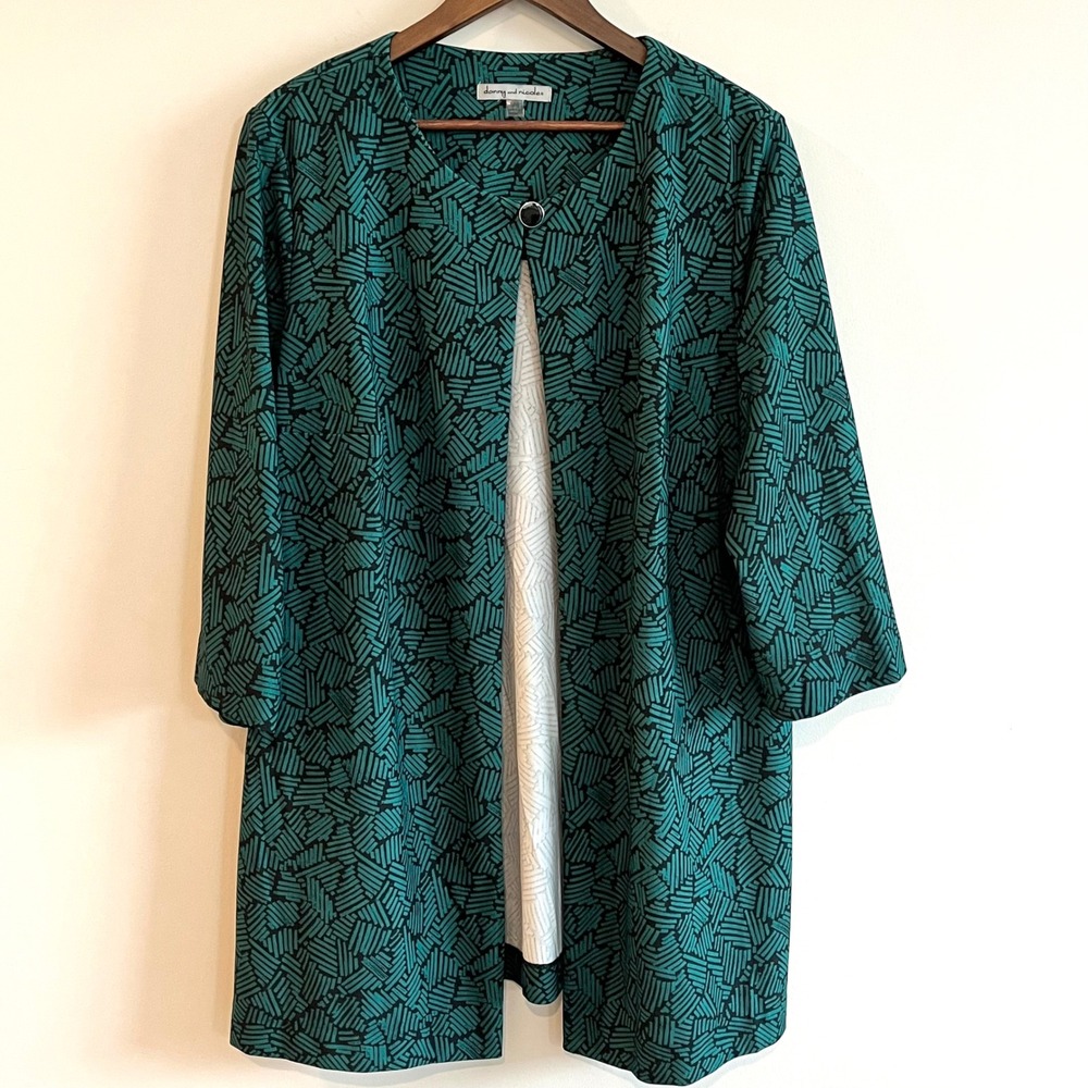 Danny and Nicole Teal Black Geometric Print Open Front Cardigan Jacket 18W